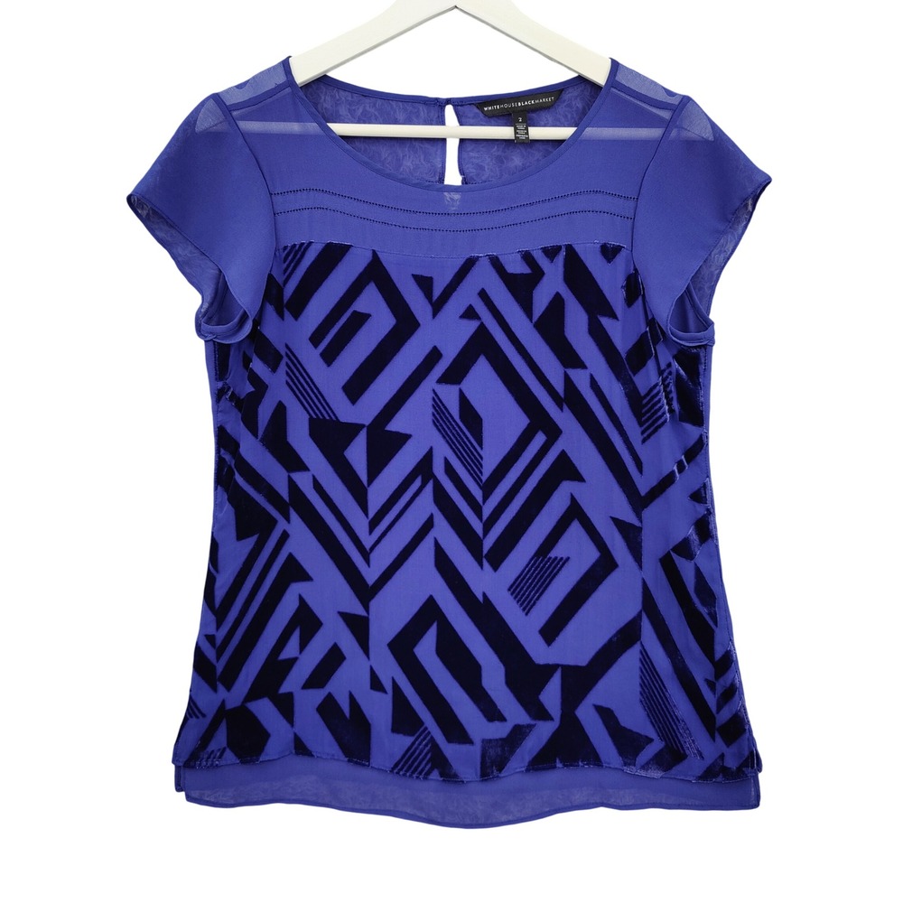 WHBM Women Art Deco Velvet Burnout Silk Blend Top 2 Blue Geometric Elegant